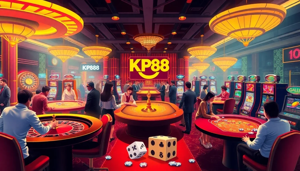 Exciting scene of gamblers at KP88 casino tables with vibrant slots and roulette, showcasing high-stakes play.