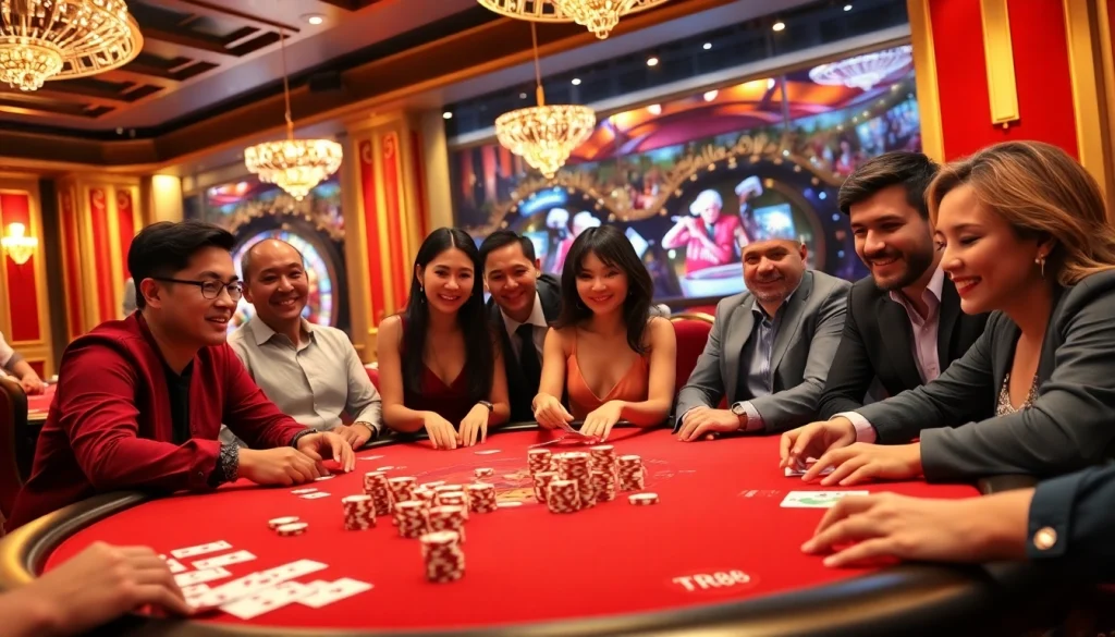 Players enjoying the thrill of TR88 at a poker table in an opulent casino setting.