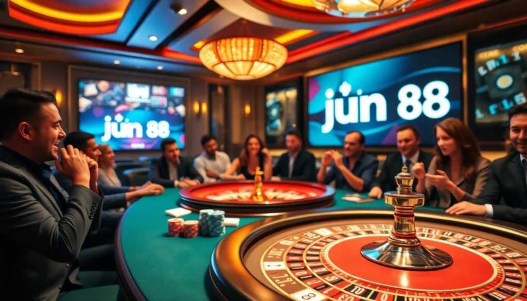 Players enjoying poker at a jun 88 casino table amidst vibrant casino decor.