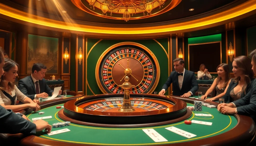 Experience the thrill of gambling at https://kk55.nl/ with an elegant casino scene featuring roulette and players in action.