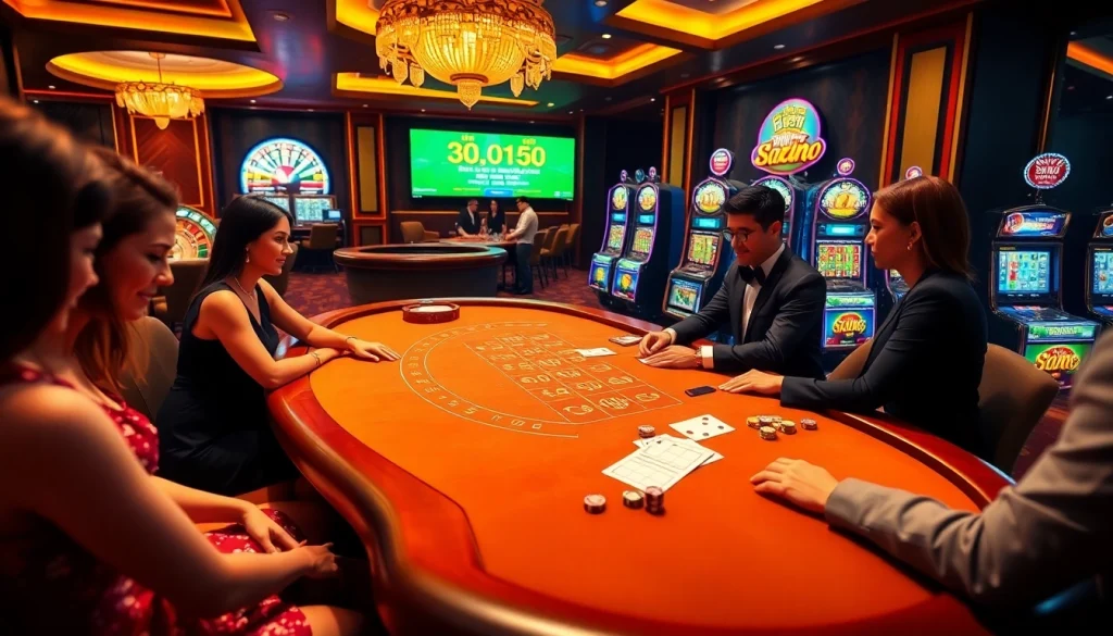 Exciting gambling action at nk88 trang chủ with players at a blackjack table and visible slot machines.