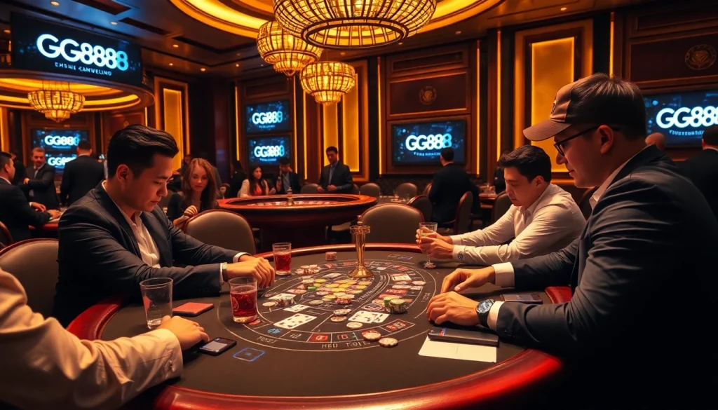 High-stakes poker game at a luxury casino featuring GG888 branding and intense player concentration.