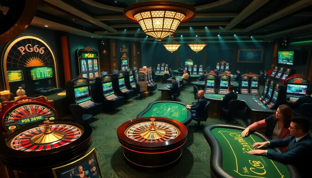 Experience the excitement of PG66 with vibrant slot machines and elegant poker tables in a luxurious casino.