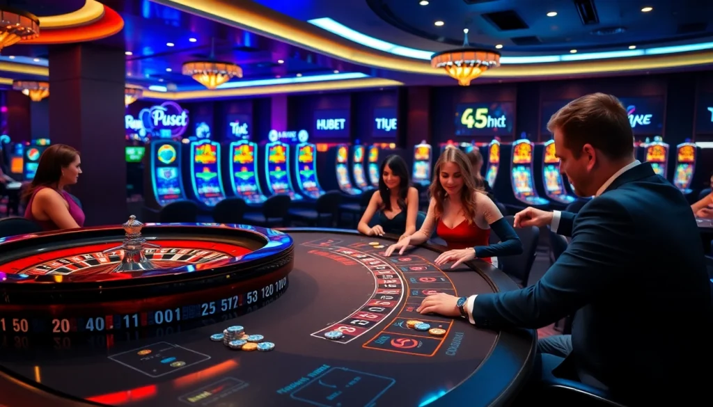 Hubet players eagerly competing in a thrilling poker game at a luxurious casino table.