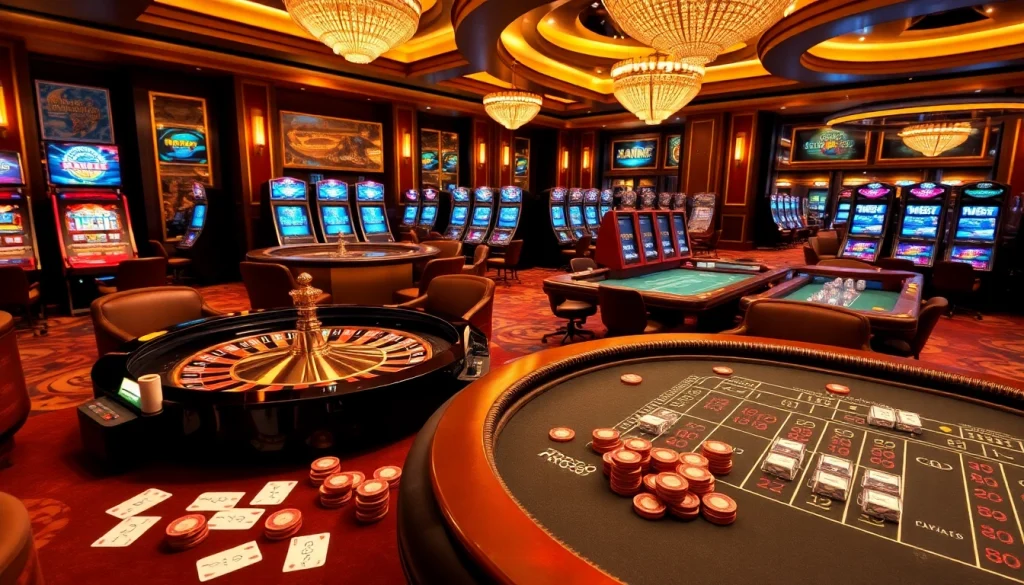 Experience the excitement of RR888 in this luxurious casino atmosphere featuring poker, roulette, and vibrant slot machines.