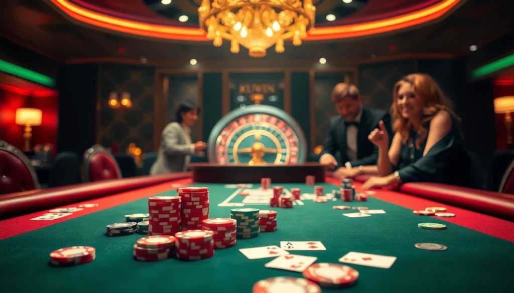 Engaging scene of luxurious KUWIN casino with poker table and roulette wheel.