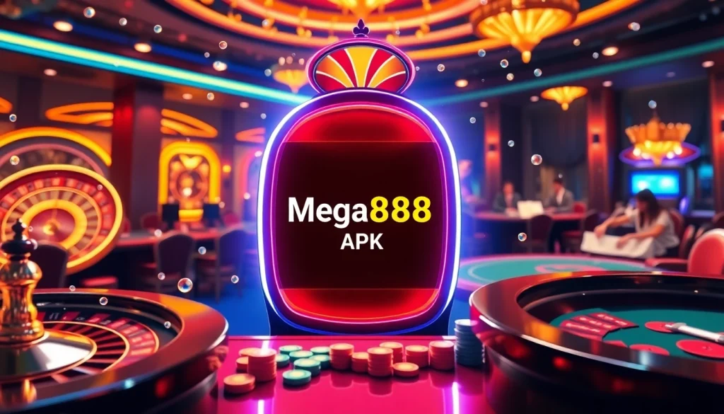 Players spinning the Mega888 APK slot machine in a vibrant casino atmosphere.