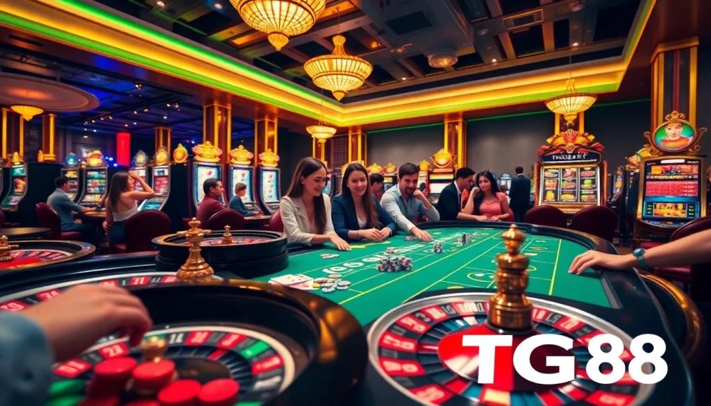 Players celebrating a win at TG88 casino with vibrant gambling elements.