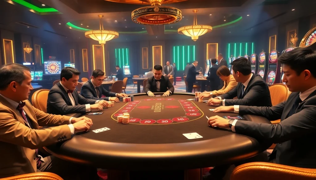 Players eagerly engage in thrilling GG888 poker games at a luxurious casino table.