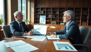Business lawyer in the US consulting with a client in a modern office setting.