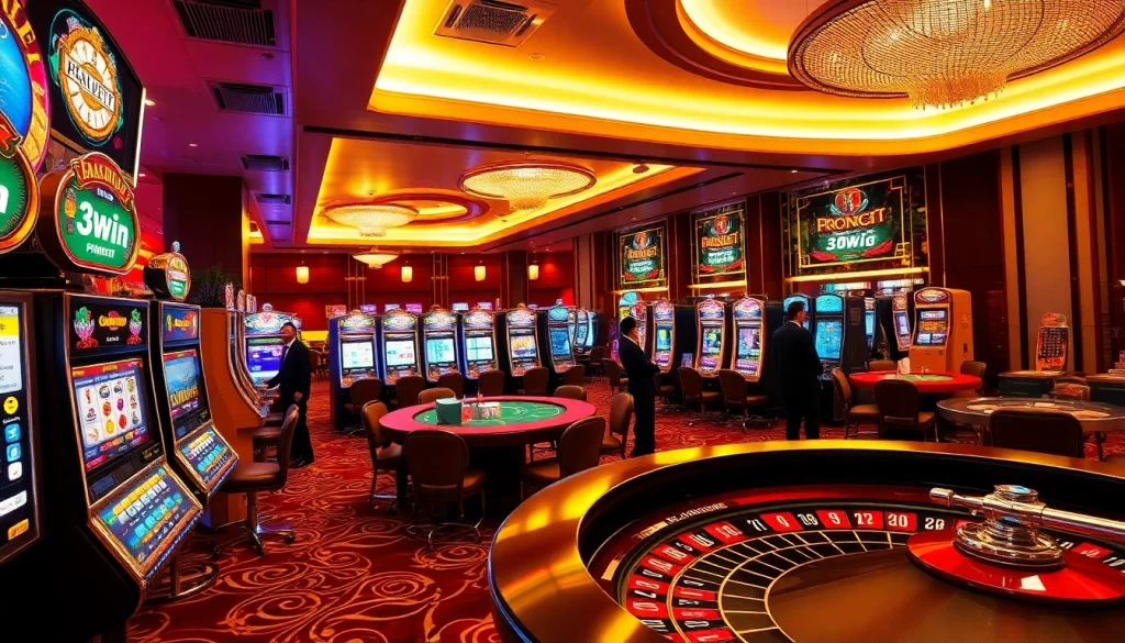 Experience the thrill at 3win's luxurious casino with vibrant slot machines and professional dealers.