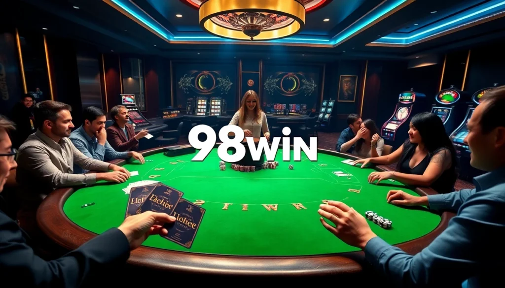 A dynamic scene of players engaging with the game 98win at a luxurious casino table with poker chips and cards.