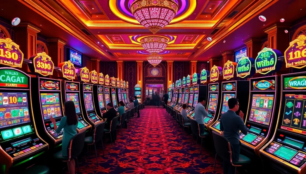 Experience the thrill of 98win nổ hũ as players engage with luxurious slot machines in a vibrant casino setting.