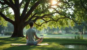 Meditating individual promoting mental wellness in a serene park setting.