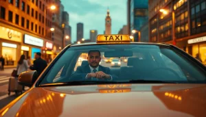 Taxi navigating through a vibrant city street at dusk, showcasing urban life and energy.