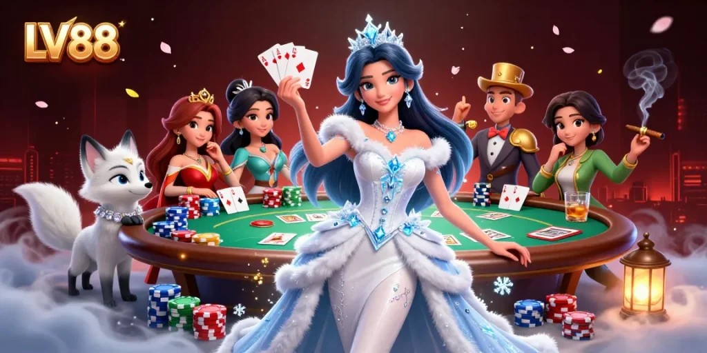 Engage with thrilling LV88 casino action featuring stunning visuals of poker elements and a glamorous atmosphere.