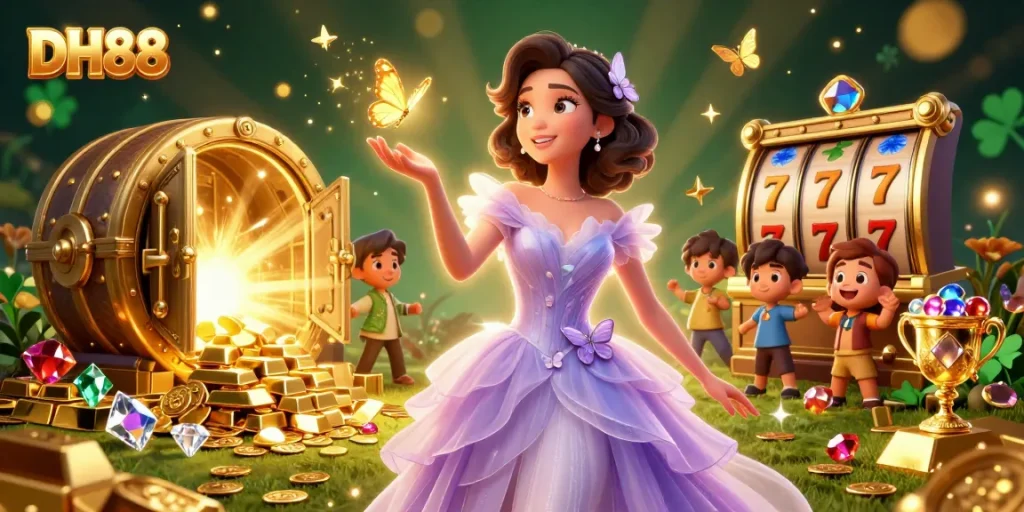 Engage with DH88's exciting gaming experience showcasing vibrant slots and beautiful characters.