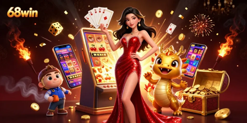 Win big at 68win with exciting slots and casino games in a vibrant, lively illustration.