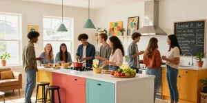 Student housing Northampton communal kitchen with diverse students cooking together, bright modern decor.