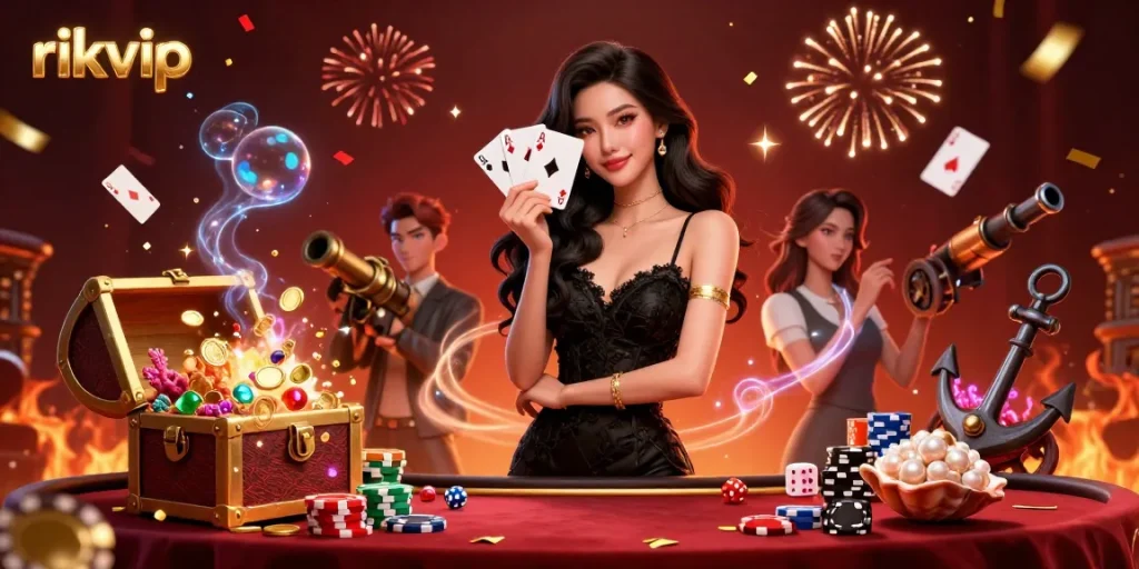 Win at Rikvip with an elegant Asian woman showcasing her poker skills amidst a vibrant casino setup.