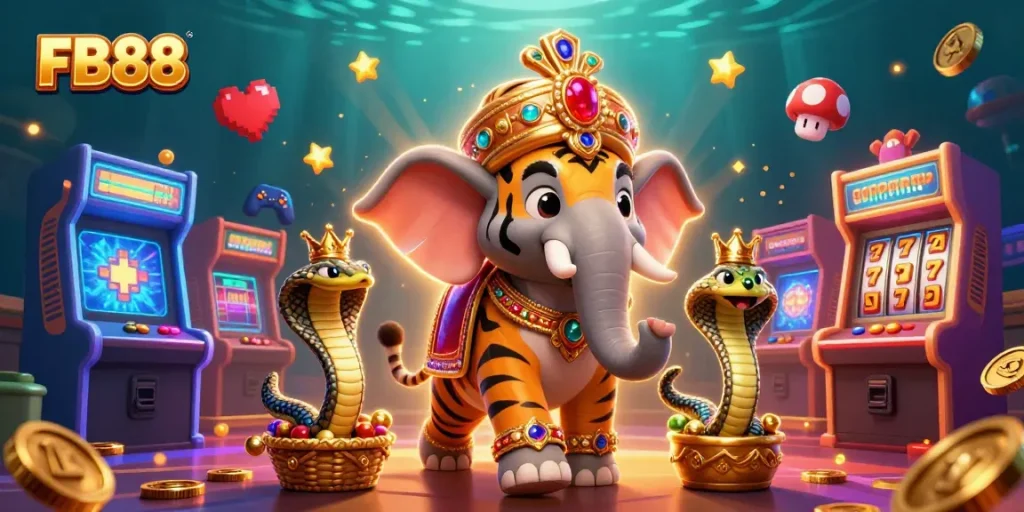 Engage in thrilling gameplay at FB88 with a vibrant casino illustration featuring an Indian maharaja and an elephant.
