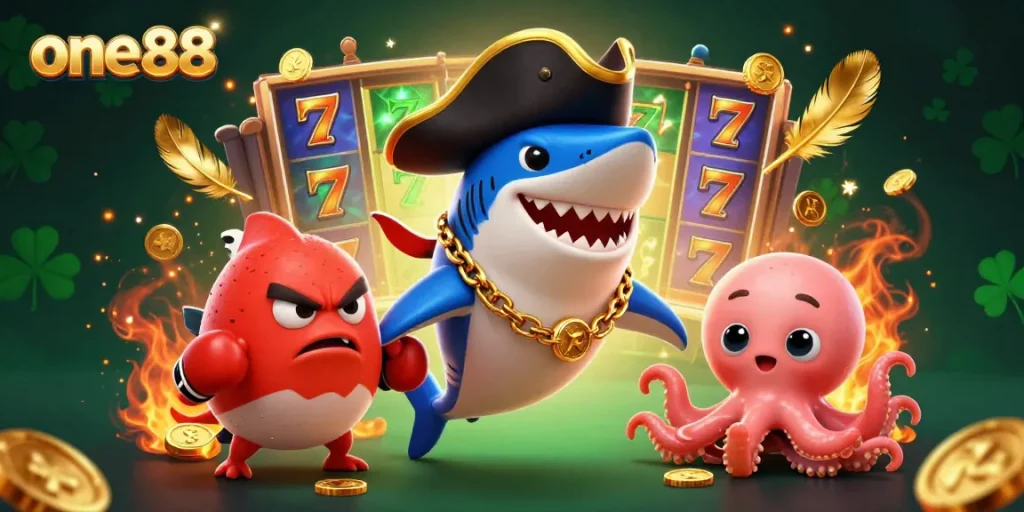 Engage in the thrilling casino world of one88 with playful cartoon characters amid vibrant slot game elements.