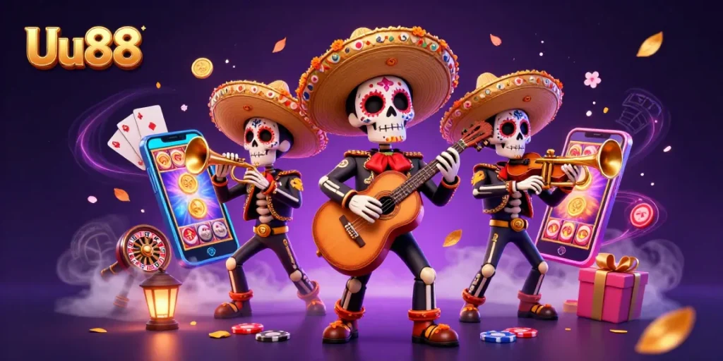 Engage with Uu88's vibrant casino scene featuring a mariachi band amidst dynamic gaming elements and jackpots.