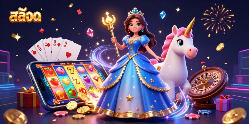 Experience the thrill of สล็อต with an enchanting 3D scene featuring magical characters and casino elements.