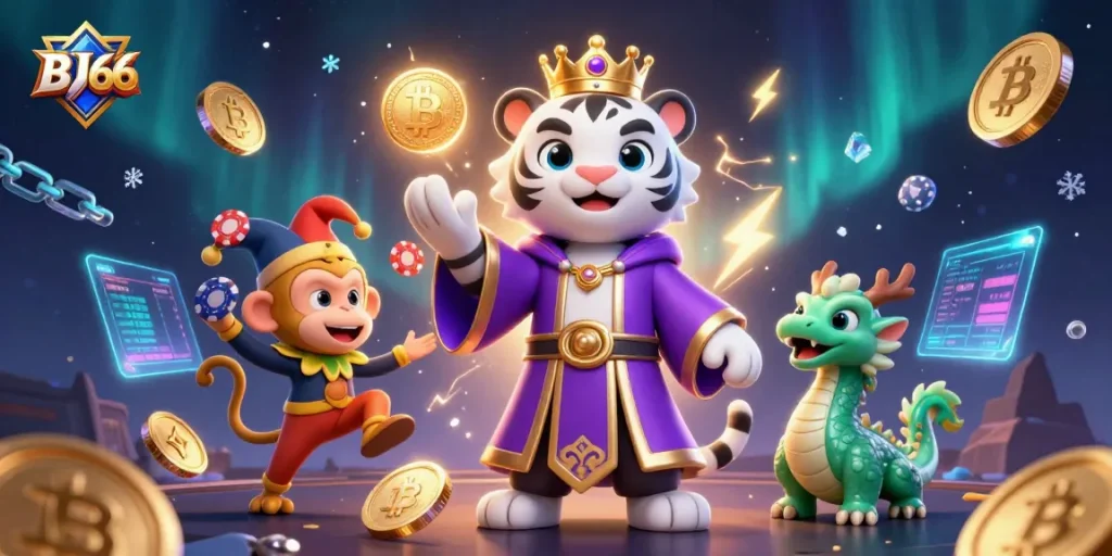 Engage with the immersive world of BJ66, illustrated by a royal tiger, jester monkey, and jade dragon amid vibrant gaming elements.