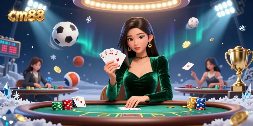 Bet on cm88 with a beautiful Asian woman at a luxury poker table, showcasing excitement and strategy.