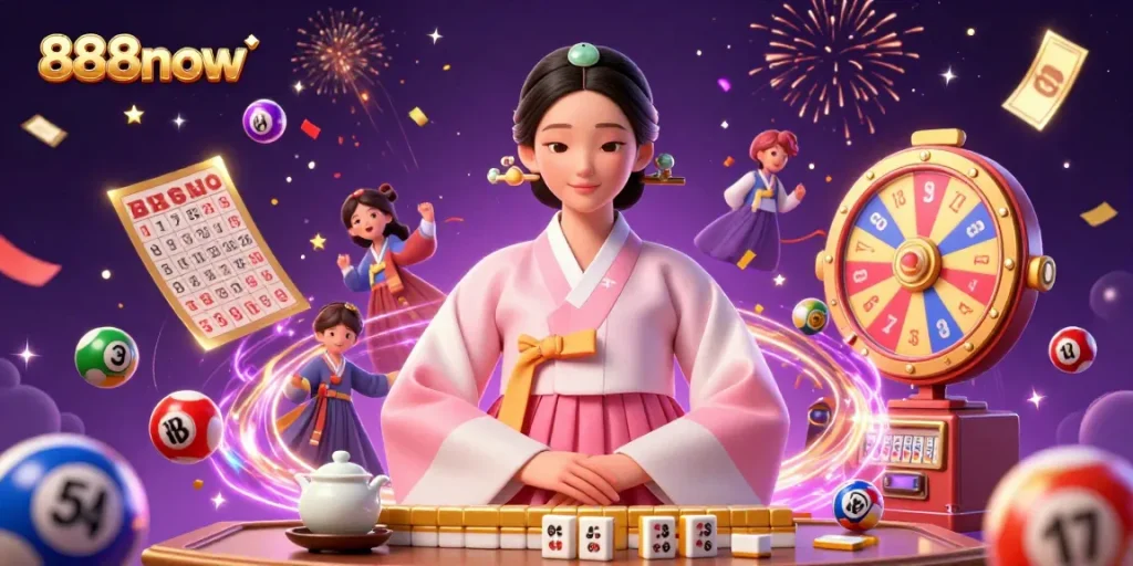 Experience thrilling moments at 888now casino with vibrant lottery balls and festive elements.
