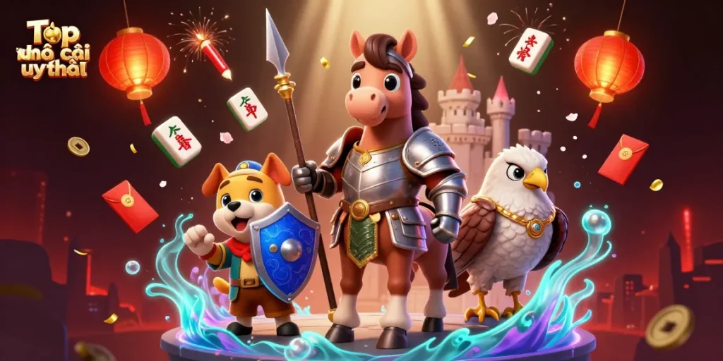 Join the excitement of Top nhà cái uy tín with knight, puppy, and falcon in a vibrant casino scene.