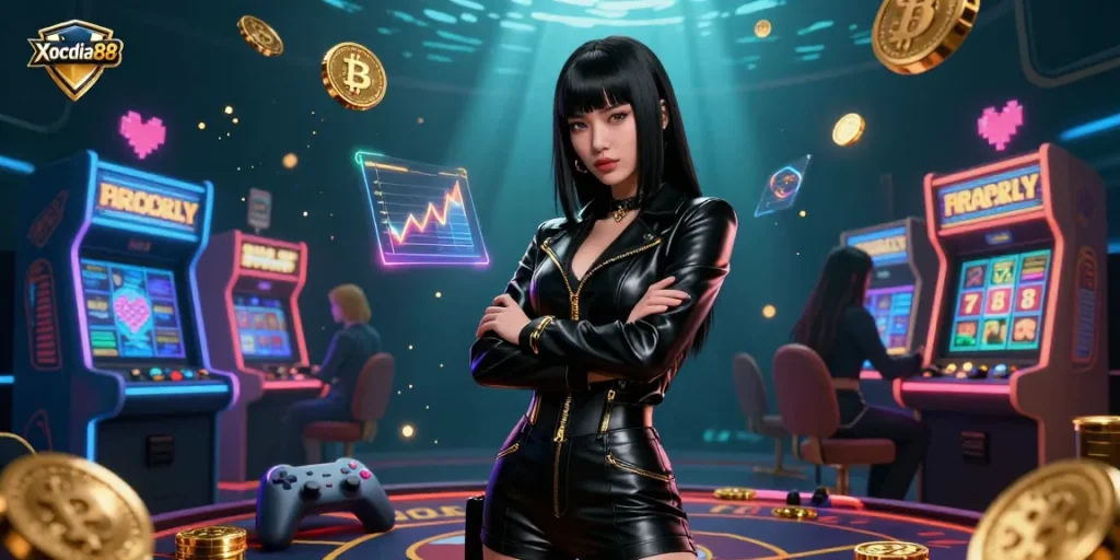 Xocdia88 showcases a stunning Asian woman in a sleek leather outfit in a vibrant online casino artwork.