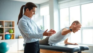 Therapist illustrating back pain solutions in a bright, modern clinic.