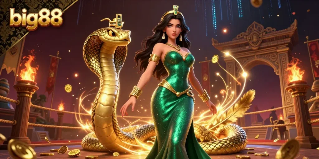 Engage with big88's thrilling casino scene featuring a glamorous woman and a golden cobra amid dynamic gaming elements.