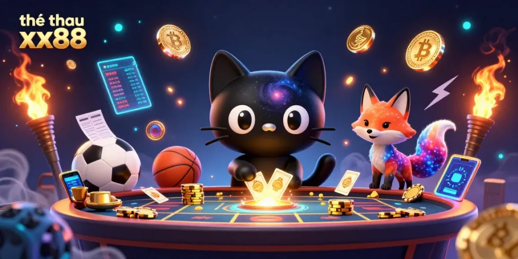 Experience thrilling sports betting at thể thao xx88 with vibrant 3D illustration of dynamic characters and gaming elements.