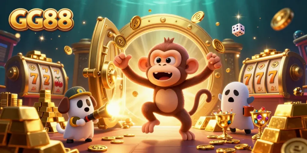 Experience thrilling wins with GG88 in this vibrant casino scene featuring golden treasures and playful characters.
