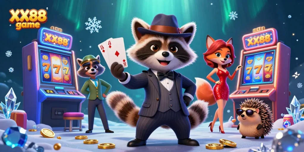 Engage with the vibrant XX88 game featuring an animated raccoon, fox, and bouncer in a casino-themed scene.