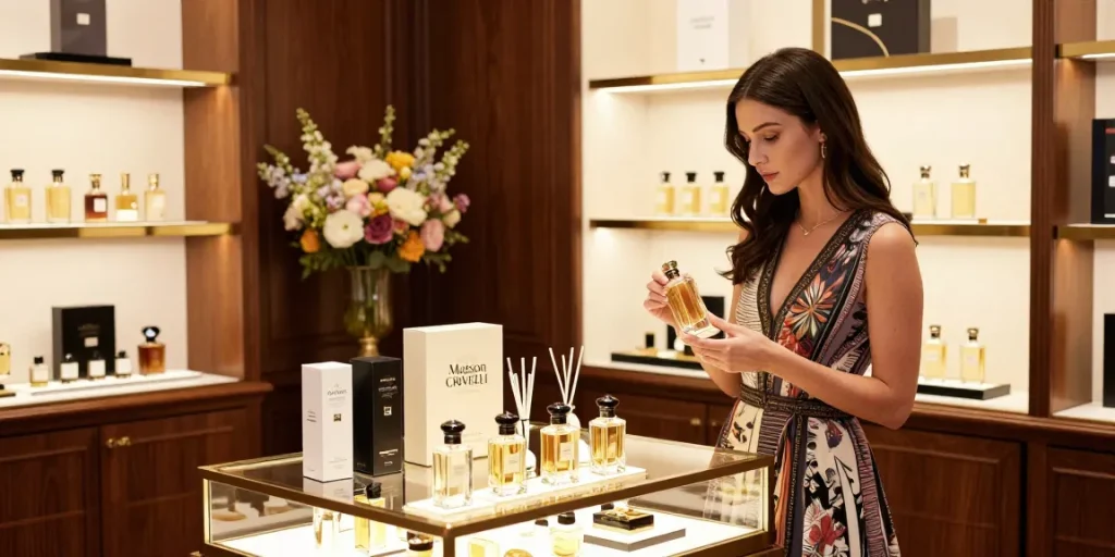 Maison Crivelli luxury fragrances displayed in an elegant boutique setting showcasing unique scent experiences