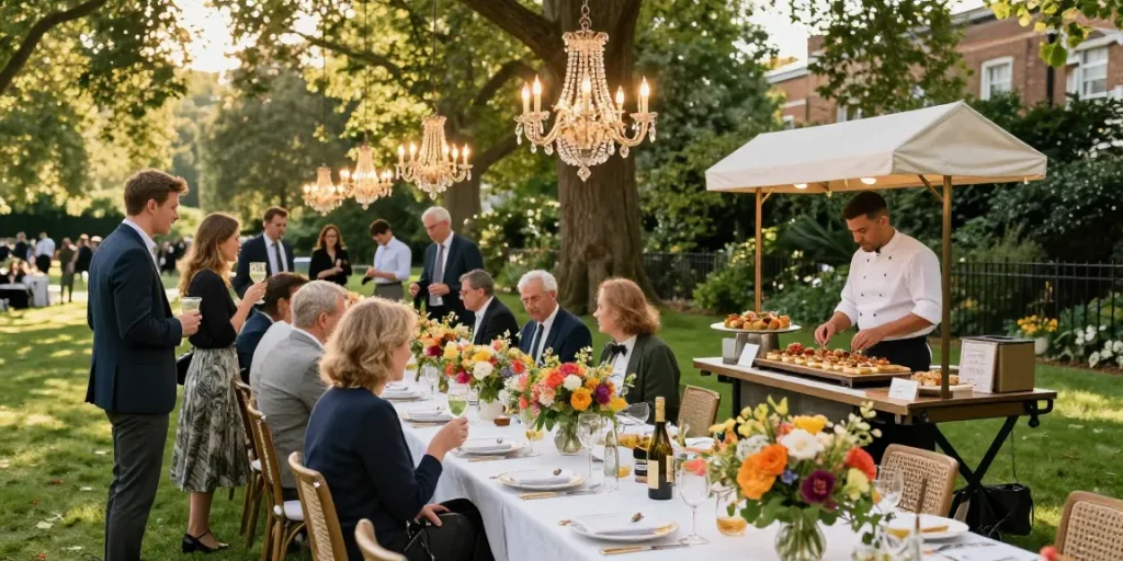 Catering Hire London setup with elegant banquet table in a London park.
