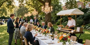 Catering Hire London setup with elegant banquet table in a London park.