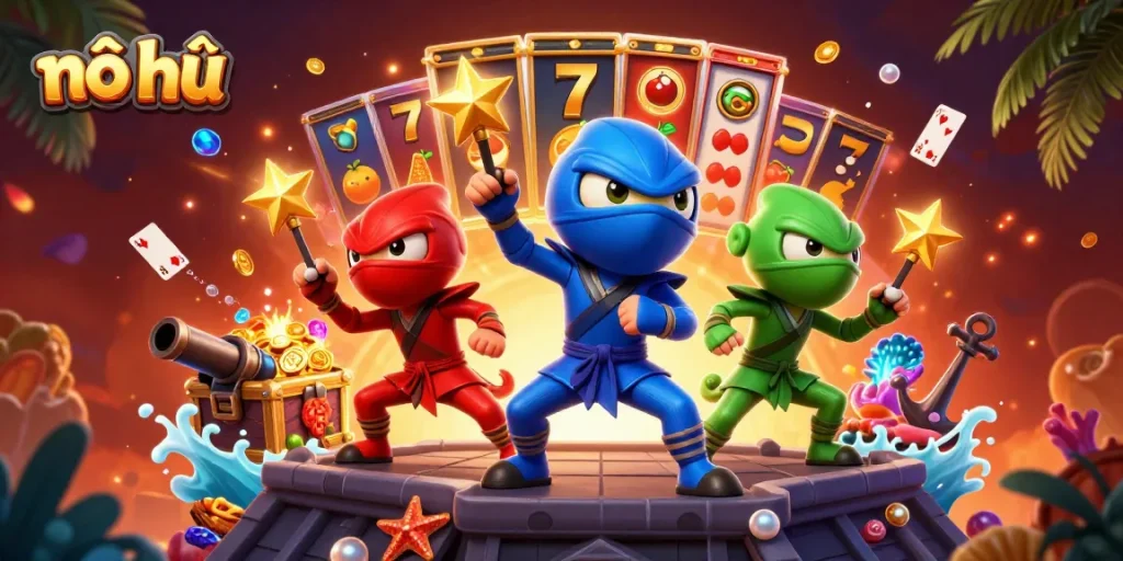 Experience the thrill of nổ hũ with a dynamic 3D cartoon illustration showcasing vibrant slot game elements and animated characters.