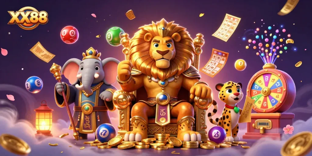 Experience the excitement of XX88 with a dynamic casino scene featuring a lion king, elephant advisor, and cheetah messenger.