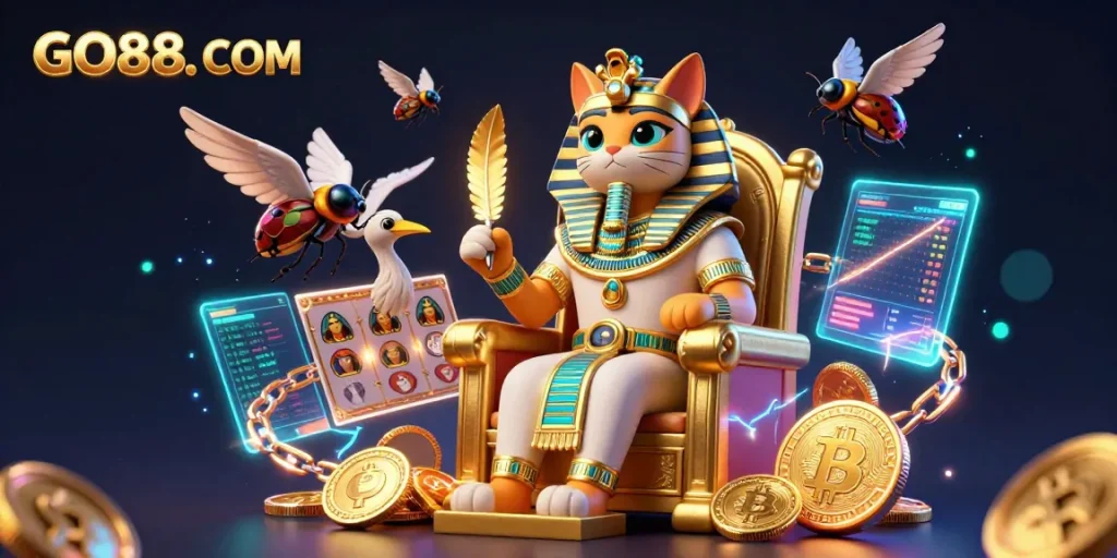 Experience vibrant gameplay at GO88. COM with pharaoh cat and dazzling casino elements in this stunning illustration.