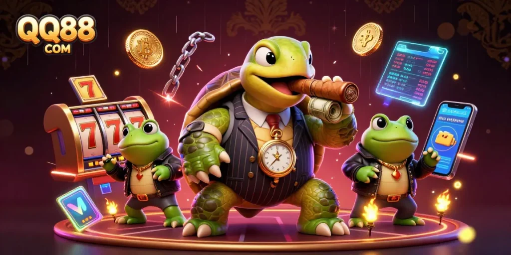 Experience thrilling gameplay at QQ88 COM, featuring a lively casino scene with unique characters.