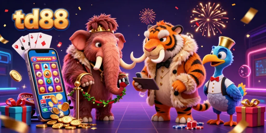 Experience oversized excitement at td88 with vibrant characters welcoming casino gaming.
