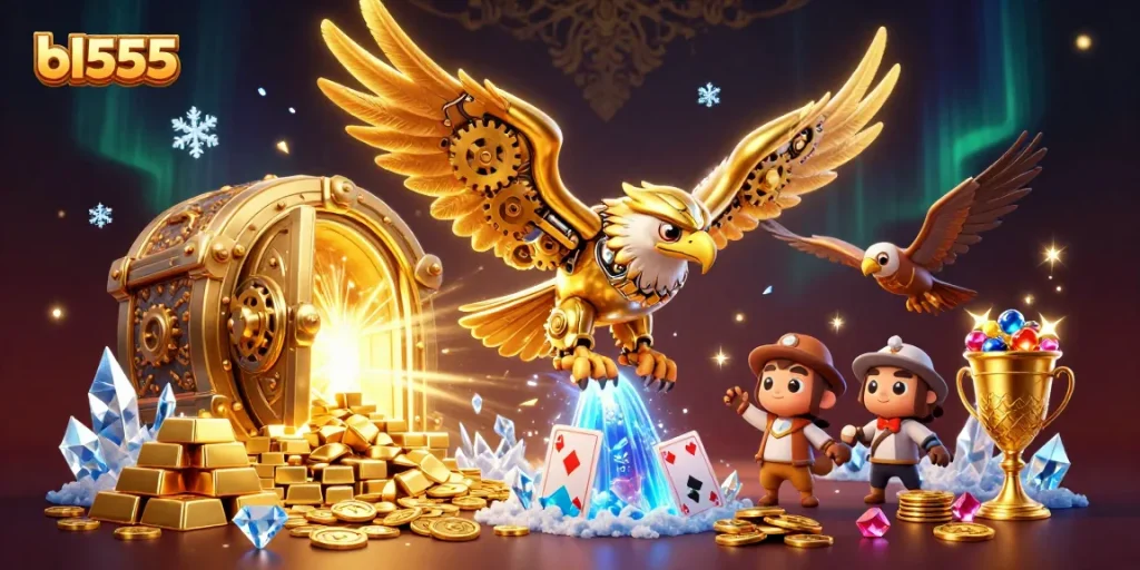 bl555 showcases thrilling online casino gaming with a cybernetic eagle diving through holographic cards.