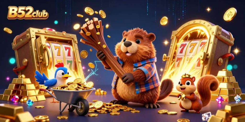 B52club offers engaging games as a cartoon beaver lights up a casino land with gold and joy.