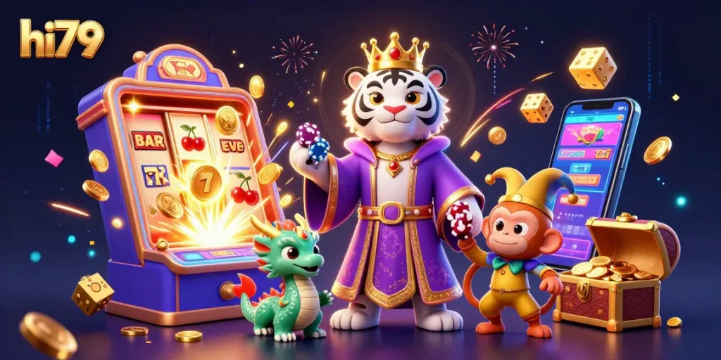 Engage in thrilling casino action with hi79 featuring an elegant tiger and playful elements.