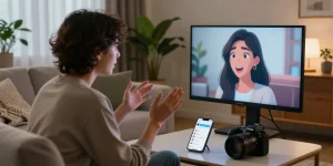 Person interacting with an AI girlfriend on a smart screen in a cozy living room setting.